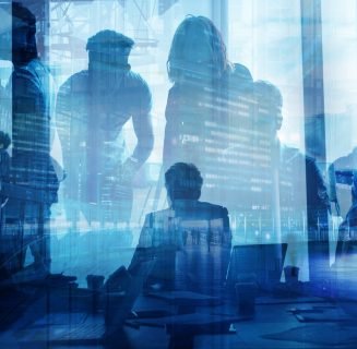 Double exposure of business people who work together in office